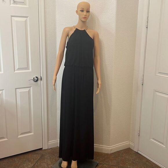 JBS Black Large Maxi Halter Dress Bronze Chain Necklace Closure Gathered Waist - Picture 1 of 8